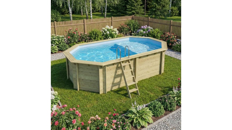 Pool NEMO 5.79 x 3.49 - H.1.45 m mit Liegefläche, hellblau, auf Rahmen - ohne Betonieren