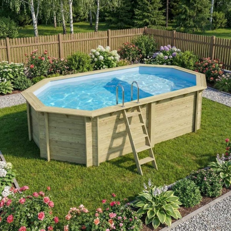 Pool NEMO 5.79 x 3.49 - H.1.45 m mit Liegefläche, hellblau, auf Rahmen - ohne Betonieren