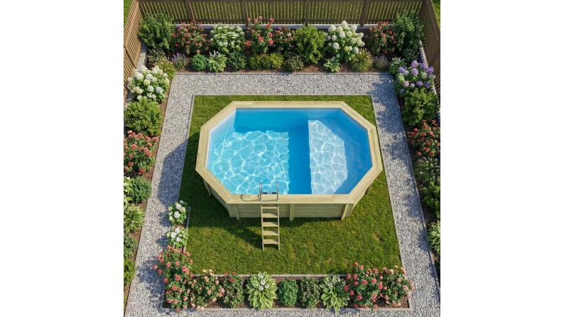 Pool NEMO 5.79 x 3.49 - H.1.45 m mit Liegefläche, hellblau, auf Rahmen - ohne Betonieren