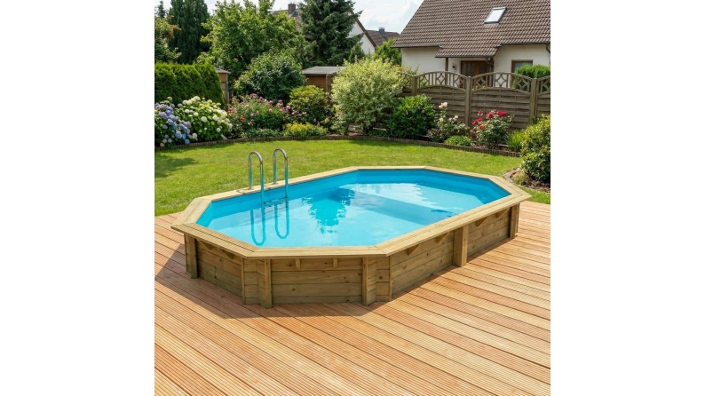 Pool NEMO 5.79 x 3.49 - H.1.45 m mit Liegefläche, hellblau, auf Rahmen - ohne Betonieren