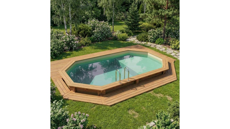Pool NEMO 5.79 x 3.49 - H.1.45 m mit Liegefläche, sandfarben, auf Rahmen - ohne Betonieren