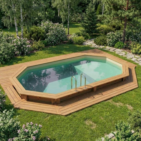 Pool NEMO 5.79 x 3.49 - H.1.45 m mit Liegefläche, sandfarben, auf Rahmen - ohne Betonieren