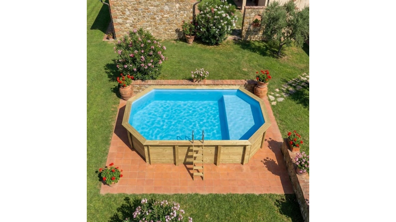 Pool NEMO 7.3 x 3.97 - H.1.45 m mit Liegefläche, hellblau, mit Stahlprofilen zum Einbetonieren