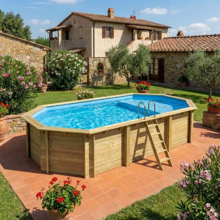 Pool NEMO 7.3 x 3.97 - H.1.45 m mit Liegefläche, hellblau, mit am Beton verschraubten Stahlprofilen
