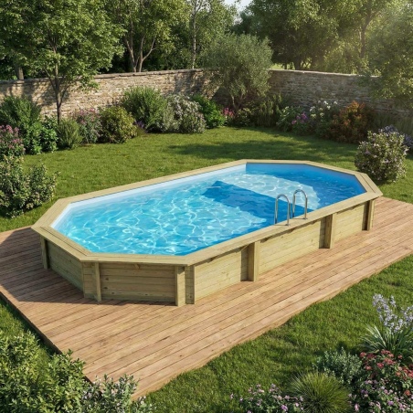 Pool NEMO 7.3 x 3.97 - H.1.45 m mit Liegefläche, hellblau, mit am Beton verschraubten Stahlprofilen