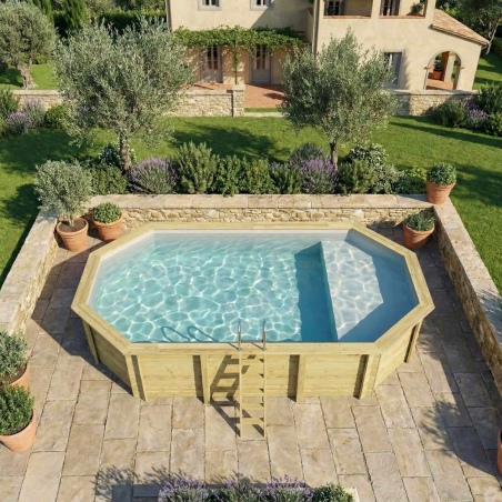 Pool NEMO 7.3 x 3.97 - H.1.45 m mit Liegefläche, grau, mit am Beton verschraubten Stahlprofilen