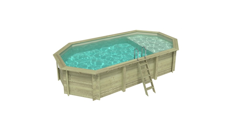 Pool NEMO 7.3 x 3.97 - H.1.45 m mit Liegefläche, sandfarben, mit am Beton verschraubten Stahlprofilen
