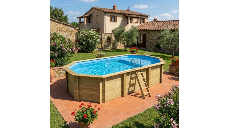 Pool NEMO 7.3 x 3.97 - H.1.45 m mit Liegefläche, hellblau, auf Rahmen - ohne Betonieren