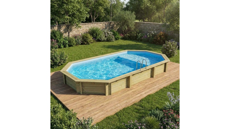 Pool NEMO 7.3 x 3.97 - H.1.45 m mit Liegefläche, hellblau, auf Rahmen - ohne Betonieren