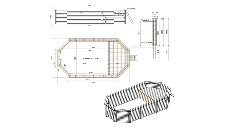 Pool NEMO 7.3 x 3.97 - H.1.45 m mit Liegefläche, grau, auf Rahmen - ohne Betonieren