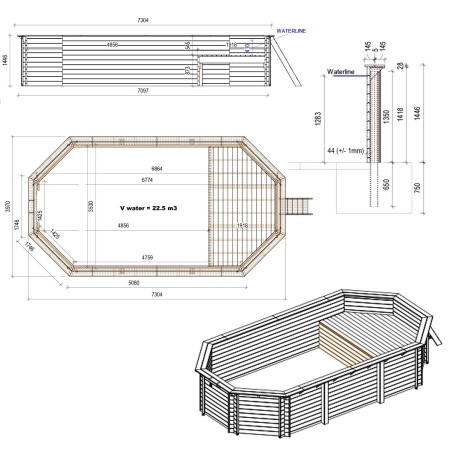 Pool NEMO 7.3 x 3.97 - H.1.45 m mit Liegefläche, grau, auf Rahmen - ohne Betonieren