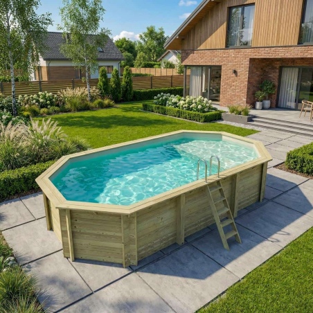Pool NEMO 7.3 x 3.97 - H.1.45 m mit Liegefläche, sandfarben, auf Rahmen - ohne Betonieren