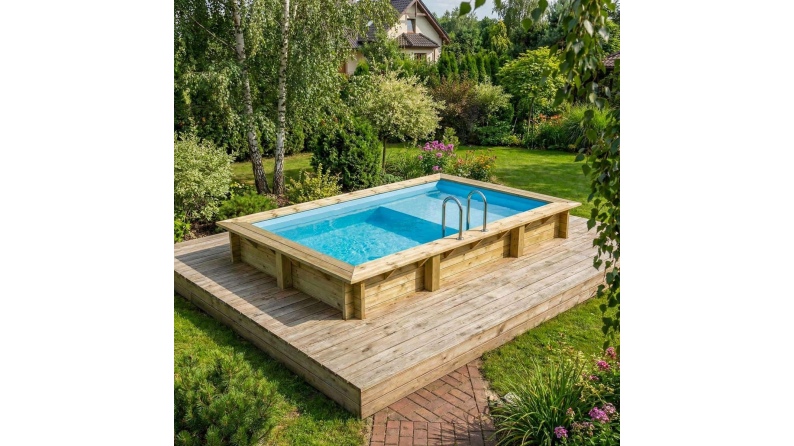 Pool AQUA 4.65 x 2.85 - H.1.24 m mit Liegefläche, hellblau, mit Stahlprofilen zum Einbetonieren
