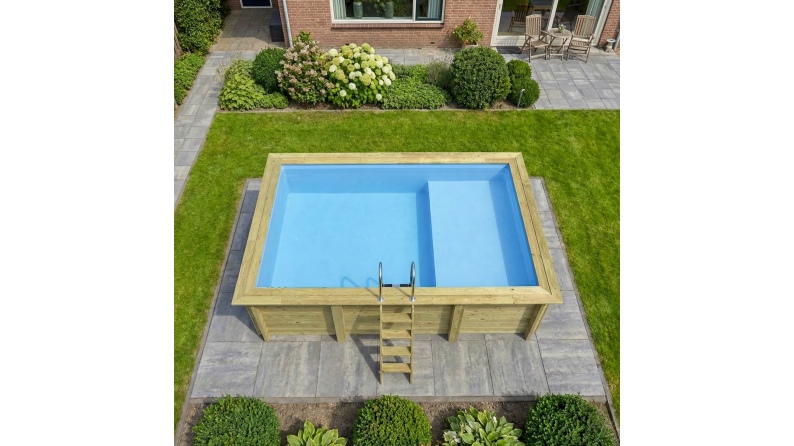 Pool AQUA 4.65 x 2.85 - H.1.24 m mit Liegefläche, hellblau, mit am Beton verschraubten Stahlprofilen