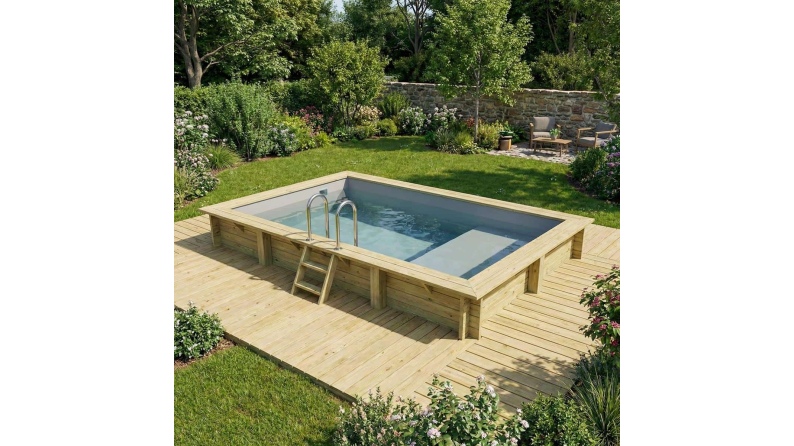 Pool AQUA 4.65 x 2.85 - H.1.24 m mit Liegefläche, grau, mit am Beton verschraubten Stahlprofilen