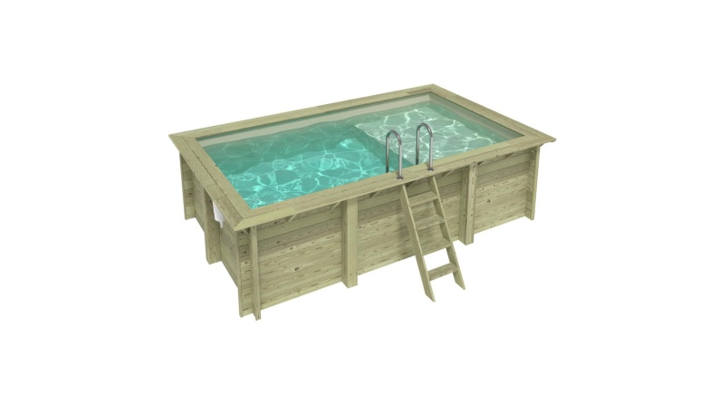 Pool AQUA 4.65 x 2.85 - H.1.24 m mit Liegefläche, sandfarben, mit am Beton verschraubten Stahlprofilen