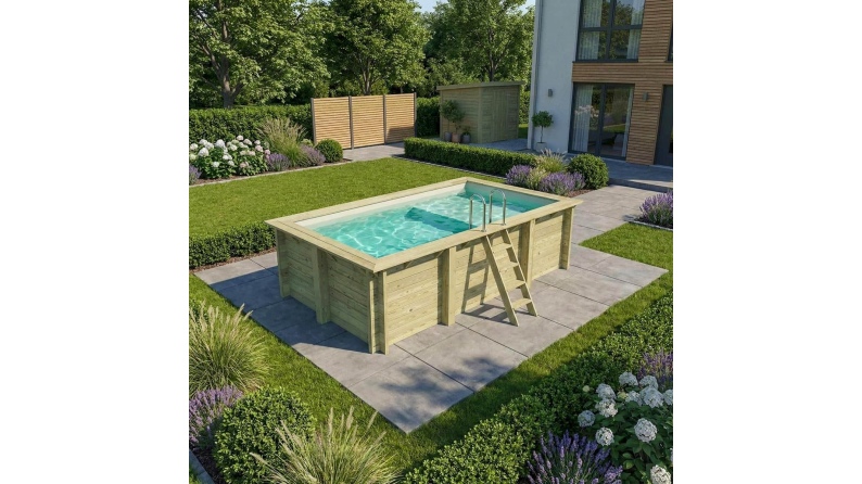 Pool AQUA 4.65 x 2.85 - H.1.24 m mit Liegefläche, sandfarben, mit am Beton verschraubten Stahlprofilen