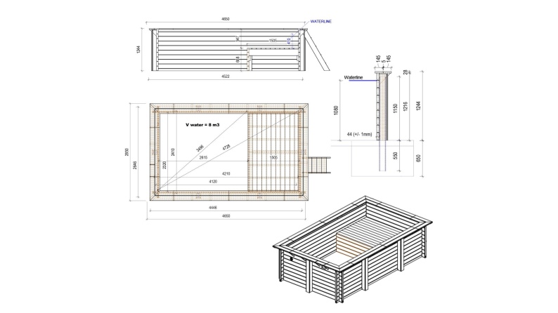 Pool AQUA 4.65 x 2.85 - H.1.24 m mit Liegefläche, sandfarben, mit am Beton verschraubten Stahlprofilen