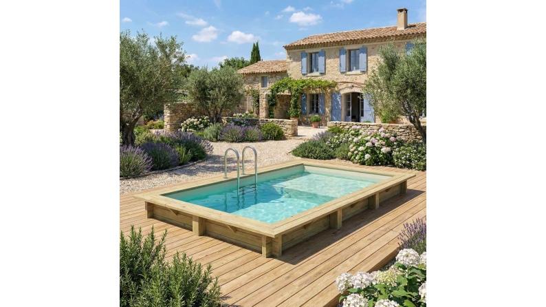 Pool AQUA 4.65 x 2.85 - H.1.24 m mit Liegefläche, sandfarben, mit am Beton verschraubten Stahlprofilen
