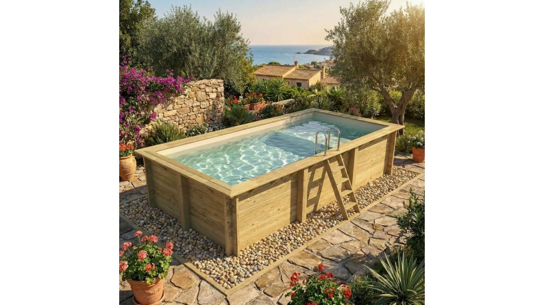 Pool AQUA 6.1 x 2.85 - H.1.31 m mit Liegefläche, sandfarben, mit Stahlprofilen zum Einbetonieren