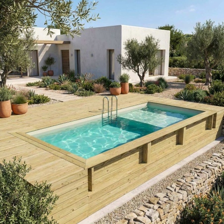 Pool AQUA 6.1 x 2.85 - H.1.31 m mit Liegefläche, sandfarben, mit Stahlprofilen zum Einbetonieren