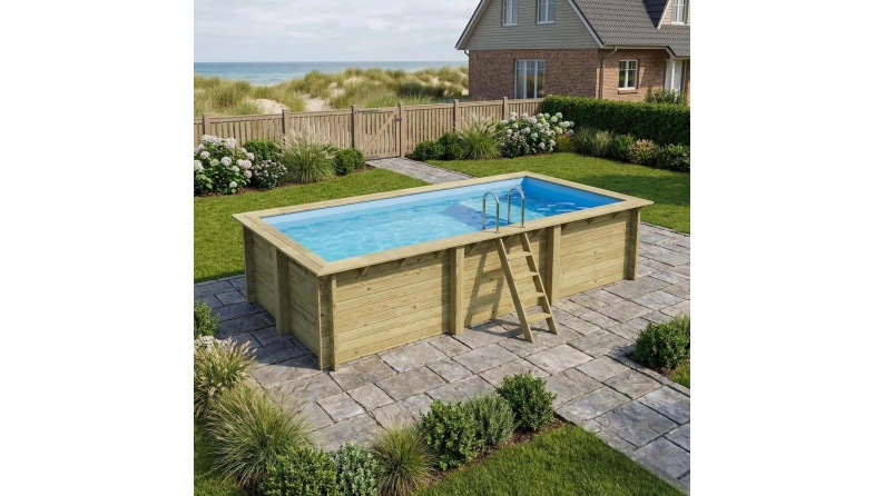 Pool AQUA 6.1 x 2.85 - H.1.31 m mit Liegefläche, hellblau, mit am Beton verschraubten Stahlprofilen