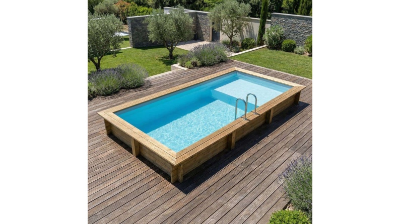 Pool AQUA 6.1 x 2.85 - H.1.31 m mit Liegefläche, hellblau, mit am Beton verschraubten Stahlprofilen
