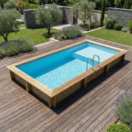 Pool AQUA 6.1 x 2.85 - H.1.31 m mit Liegefläche, hellblau, mit am Beton verschraubten Stahlprofilen