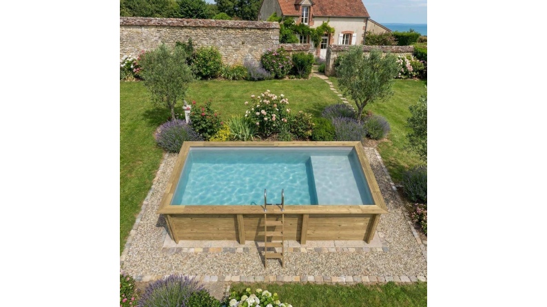 Pool AQUA 6.1 x 2.85 - H.1.31 m mit Liegefläche, grau, mit am Beton verschraubten Stahlprofilen