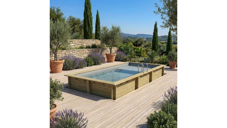 Pool AQUA 6.1 x 2.85 - H.1.31 m mit Liegefläche, grau, mit am Beton verschraubten Stahlprofilen