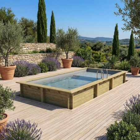 Pool AQUA 6.1 x 2.85 - H.1.31 m mit Liegefläche, grau, mit am Beton verschraubten Stahlprofilen