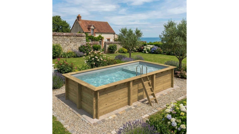 Pool AQUA 6.1 x 2.85 - H.1.31 m mit Liegefläche, grau, auf Rahmen - ohne Betonieren