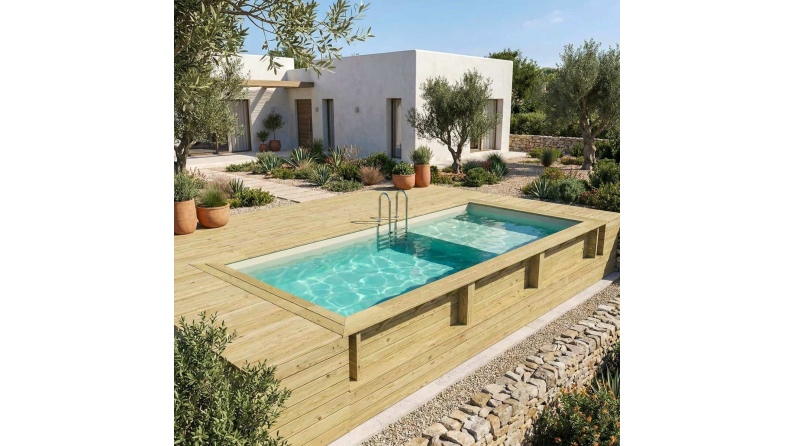 Pool AQUA 6.1 x 2.85 - H.1.31 m mit Liegefläche, sandfarben, auf Rahmen - ohne Betonieren