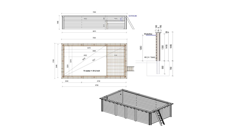 Pool AQUA 7 x 3.75 - H.1.45 m mit Liegefläche, hellblau, mit Stahlprofilen zum Einbetonieren