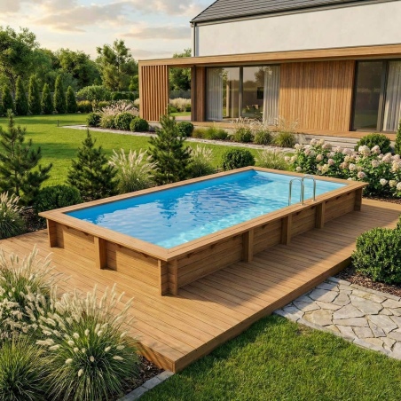 Pool AQUA 7 x 3.75 - H.1.45 m mit Liegefläche, hellblau, mit Stahlprofilen zum Einbetonieren