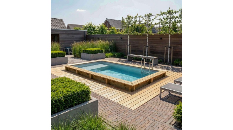 Pool AQUA 7 x 3.75 - H.1.45 m mit Liegefläche, grau, mit Stahlprofilen zum Einbetonieren
