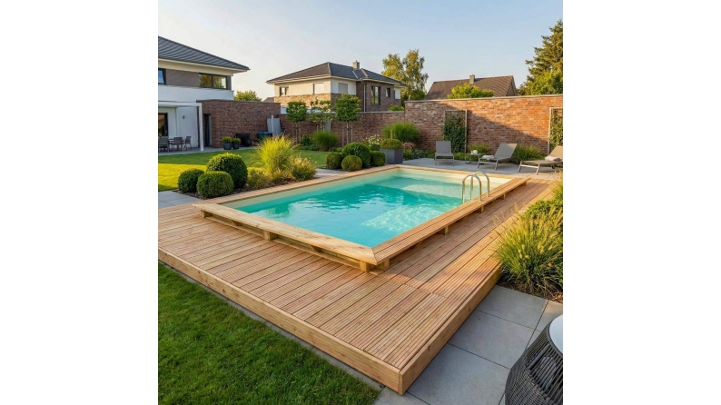 Pool AQUA 7 x 3.75 - H.1.45 m mit Liegefläche, sandfarben, mit Stahlprofilen zum Einbetonieren