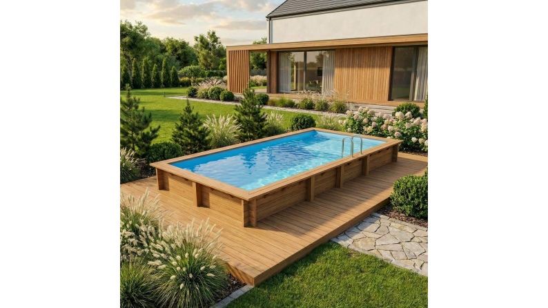 Pool AQUA 7 x 3.75 - H.1.45 m mit Liegefläche, hellblau, mit am Beton verschraubten Stahlprofilen