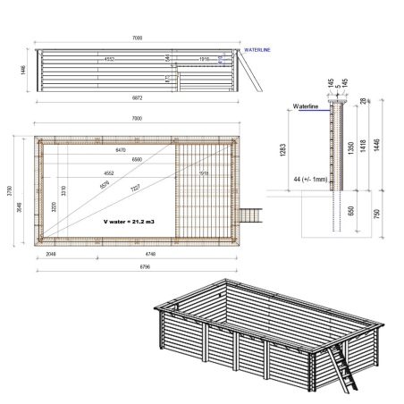 Pool AQUA 7 x 3.75 - H.1.45 m mit Liegefläche, grau, mit am Beton verschraubten Stahlprofilen