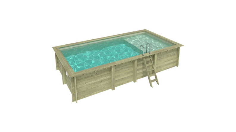 Pool AQUA 7 x 3.75 - H.1.45 m mit Liegefläche, sandfarben, mit am Beton verschraubten Stahlprofilen