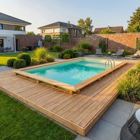 Pool AQUA 7 x 3.75 - H.1.45 m mit Liegefläche, sandfarben, auf Rahmen - ohne Betonieren