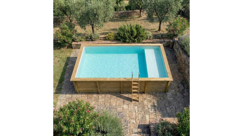 Pool AQUA 8.5 x 4.35 - H.1.45 m mit Liegefläche, sandfarben, mit Stahlprofilen zum Einbetonieren