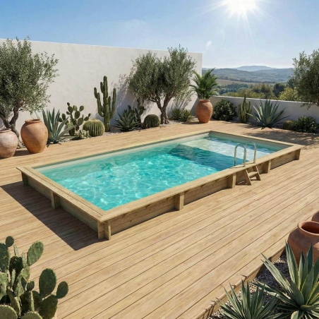 Pool AQUA 8.5 x 4.35 - H.1.45 m mit Liegefläche, sandfarben, mit Stahlprofilen zum Einbetonieren