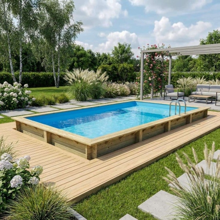 Pool AQUA 8.5 x 4.35 - H.1.45 m mit Liegefläche, hellblau, mit am Beton verschraubten Stahlprofilen