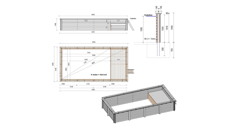 Pool AQUA 8.5 x 4.35 - H.1.45 m mit Liegefläche, grau, mit am Beton verschraubten Stahlprofilen