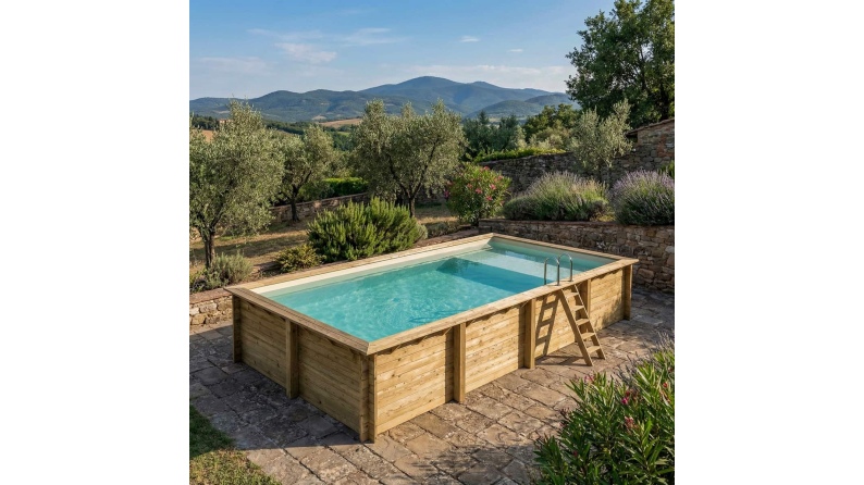 Pool AQUA 8.5 x 4.35 - H.1.45 m mit Liegefläche, sandfarben, mit am Beton verschraubten Stahlprofilen