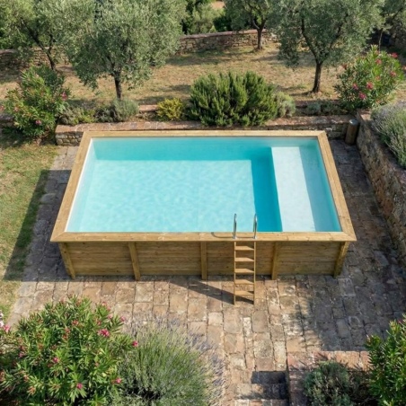 Pool AQUA 8.5 x 4.35 - H.1.45 m mit Liegefläche, sandfarben, mit am Beton verschraubten Stahlprofilen