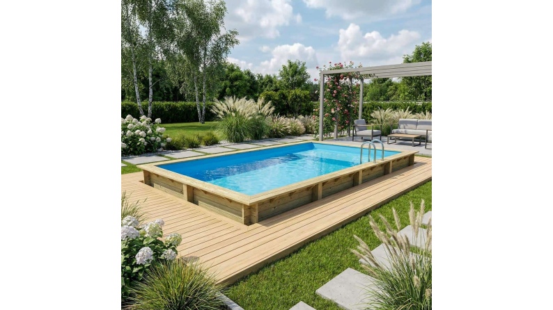 Pool AQUA 8.5 x 4.35 - H.1.45 m mit Liegefläche, hellblau, auf Rahmen - ohne Betonieren