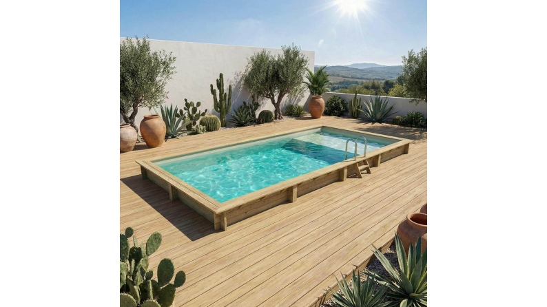 Pool AQUA 8.5 x 4.35 - H.1.45 m mit Liegefläche, sandfarben, auf Rahmen - ohne Betonieren