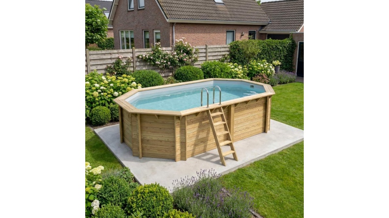 Pool NEMO 5.79 x 3.49 - H.1.45 m, grau, mit am Beton verschraubten Stahlprofilen